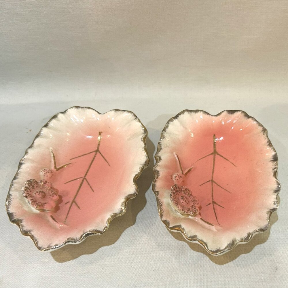Pair Vintage Betson Hand Painted Japan Leaf Shaped Pink Pin Tray Trinket Dish